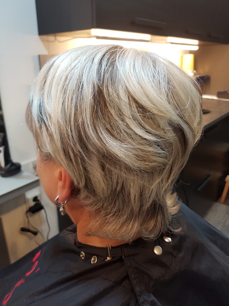 Korte coupe in blond en grijs, met beweging in de laagjes